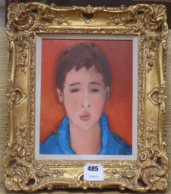 Robert Katz, oil on board, Boy in a blue shirt, signed and dated 90, Gallery Louise Smith of Toronto label verso,